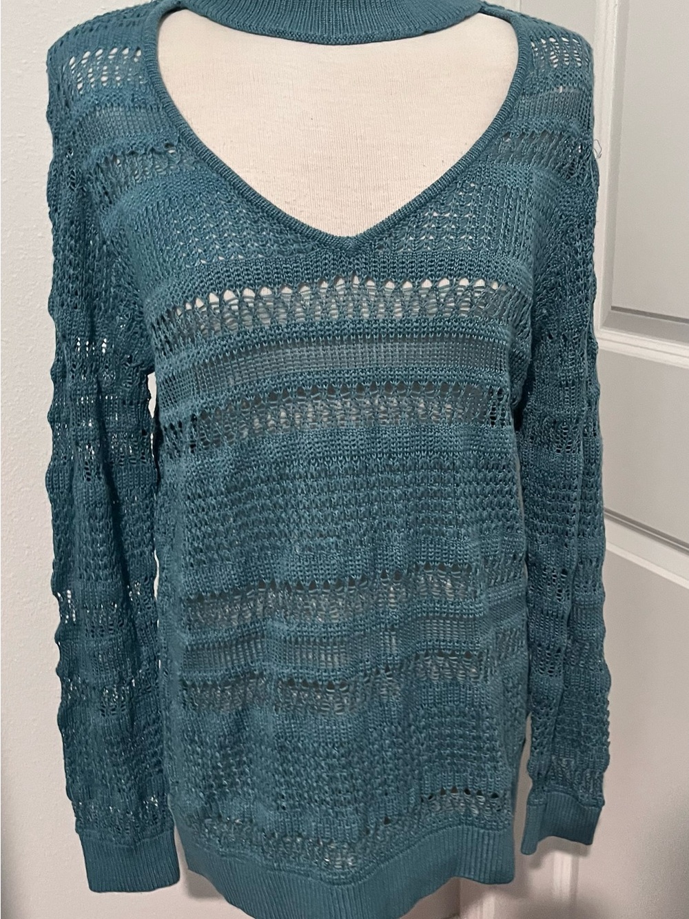 Soho Teal Open-Weave V-Neck Sweater